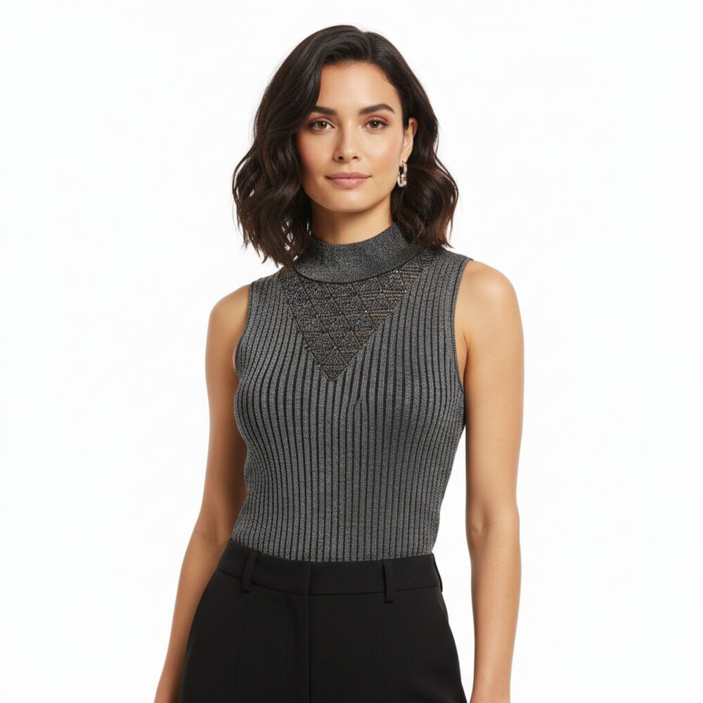 Carmen Marc Valvo Metallic Ribbed Mock Neck Top – Gunmetal Silver – Size M